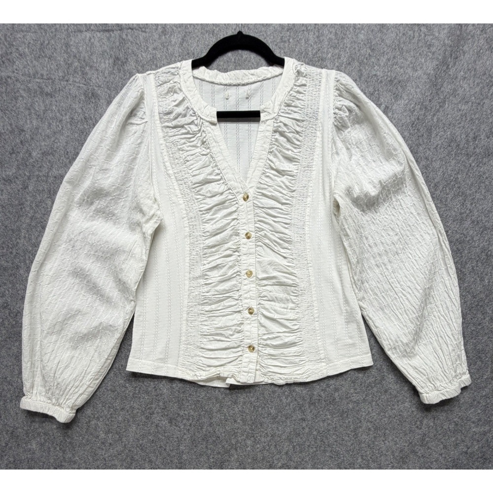Pilcro Urban Outfitters White Ruffle Front Smocked Blouse Puff Sleeve Romantic